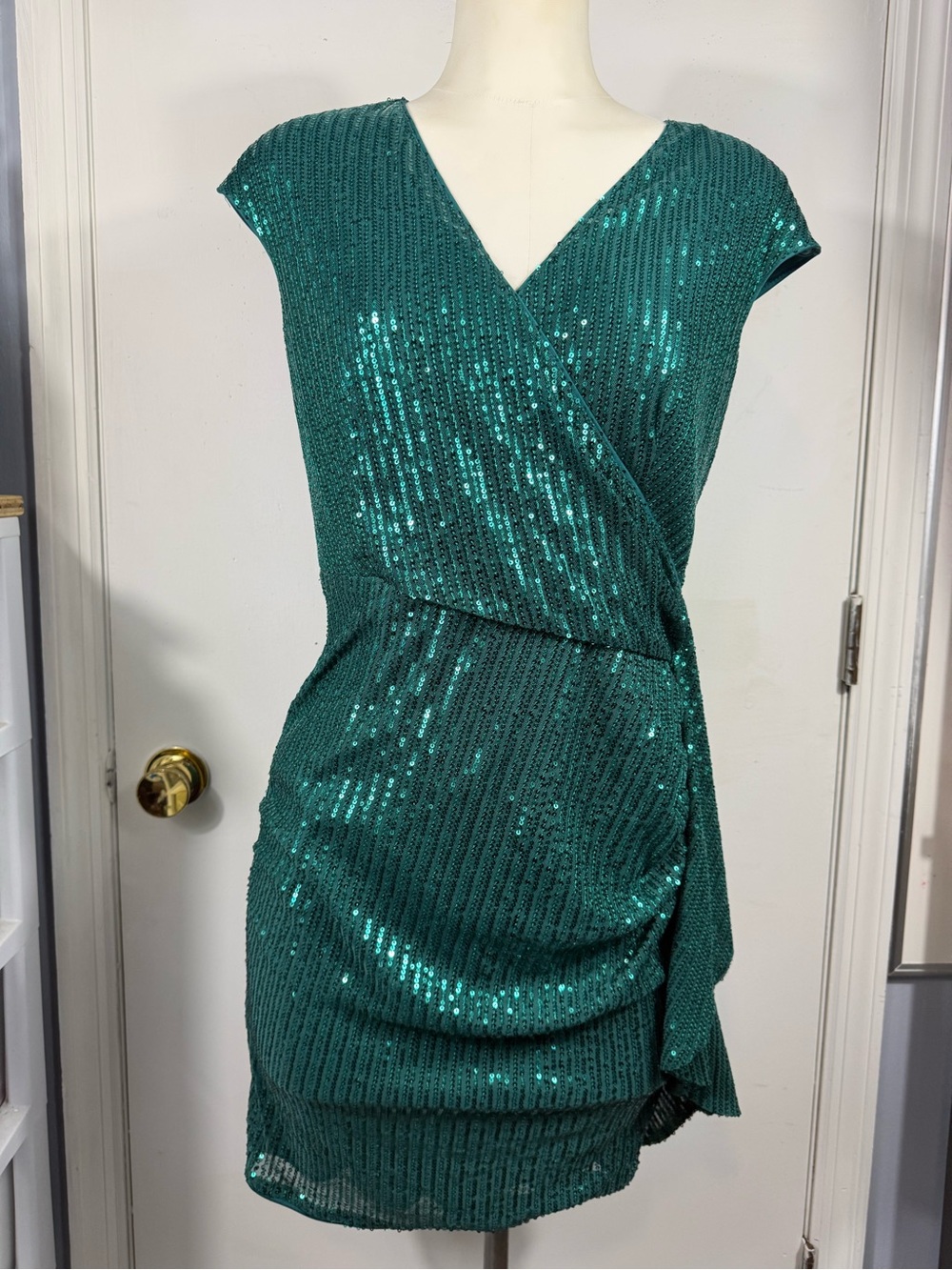 Grace Karin Emerald Sequin Wrap Mini Dress